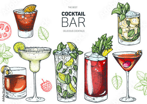 Cuadros en Lienzo Alcoholic cocktails hand drawn vector illustration