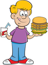 Cartoon Illustration Of A Boy Holding A Drink And A Large Hamburger.