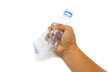  Men's hand holding a plastic water bottle not used concept of recycling the Empty used plastic bottle isolated white background