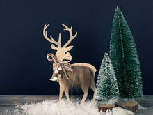 Christmas Decoration Wooden Reindeer With Fir Trees