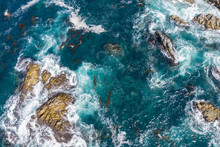 Aerial View Of Colorful Ocean And Rocks In Northern California