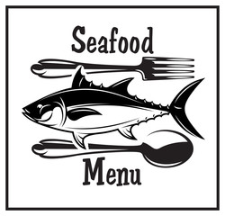  Retro emblem for kitchen with fish, spoon and fork