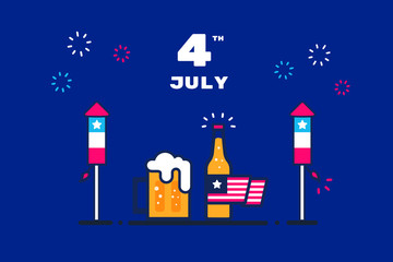 4th of July - America's Independence Day. Illustration of fireworks and beer.