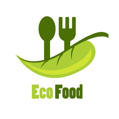 Design modern eco logo for Business. Vector illustration green leaf with dark gree spoon and fork on white background. logo eco food