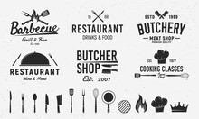 6 Vintage Logo Templates And 14 Design Elements For Restaurant Business. Butchery, Barbecue, Restaurant Emblems Templates. Vector Illustration