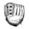 Hand drawn sketch of baseball glove in black isolated on white background. Detailed vintage style drawing, for posters, decoration and print.. Vector illustration
