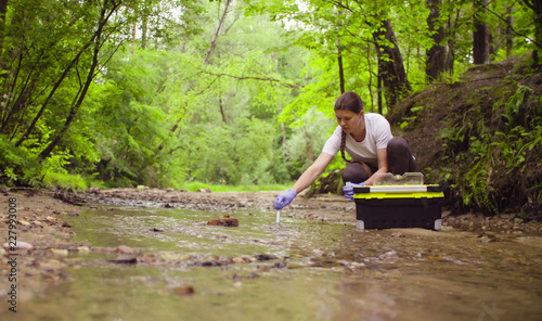 Cuadros en Lienzo Woman scientist environmentalist sitting near the creek
