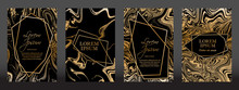 Gold Marble Texture And Geometric Frames On Black Backgrounds Vector Set. Luxury Design For Brochure, Banner, Vip Invitation, Cover, Business Card. Gold Foil Black Marble Pattern Texture And Frames.