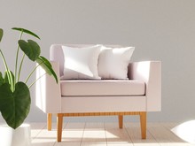 Blank White Soft Square Pillow On A Modern Armchair. 3D Render.