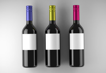 3 Wine Bottles Mock-Up on a white studio. 3d rendering.