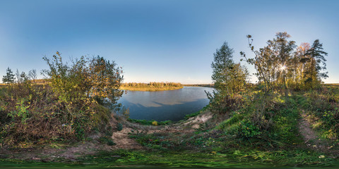 Wall Mural - full seamless spherical cube panorama 360 by 180 degrees angle view on precipice of a wide river in sunny summer evening in equirectangular projection, ready for AR VR virtual reality content