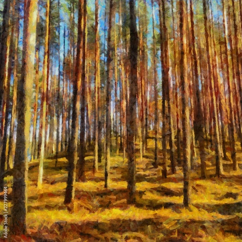 Hand Drawing Watercolor Art On Canvas Artistic Big Print Original Modern Painting Acrylic Dry Brush Background Beautiful Autumn Forest Landscape Wild Nature Paradise View Blue Bright Sky Buy This Stock Illustration