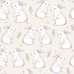 Seamless pattern with cute white rabbits. Hand Drawn vector illustration.