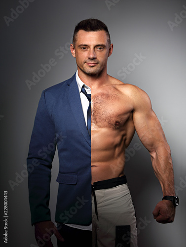 Fotografía Half happy success business man in style blue suit and half of strong athlete with biceps on grey background