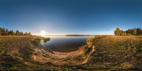 Wall Mural - full seamless spherical cube panorama 360 degrees angle view on the shore of width river neman in sunny summer evening sunset in equirectangular projection, ready for AR VR virtual reality content