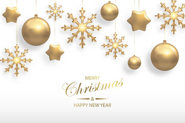Wall Mural - vector illustration of christmas background with golden realistic christmas ball, star, snowflake de