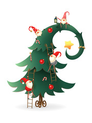 Christmas tree decorated with Scandinavian Gnomes who climb all over tree - transparent background