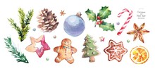 Watercolor Illustration Of Christmas And New Year Decorations, Drawings: Ball, Pinecone, Gingerbread, Sweets, Biscuit, Gingerbread Man, Christmas Tree, Snowflake, Anise, Holly, Candy Cane, Orange