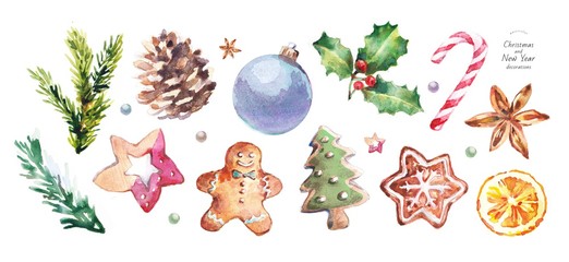 watercolor illustration of Christmas and New Year decorations, drawings: ball, pinecone, gingerbread, sweets, biscuit, gingerbread man, Christmas tree, snowflake, anise, holly, candy cane, orange