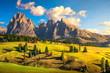 Alpe di Siusi or Seiser Alm and mountains, Dolomites Alps, Italy.