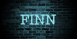 first name Finn in blue neon on brick wall