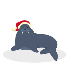 Wall Mural - Cute walrus in Santa hat celebrate christmas