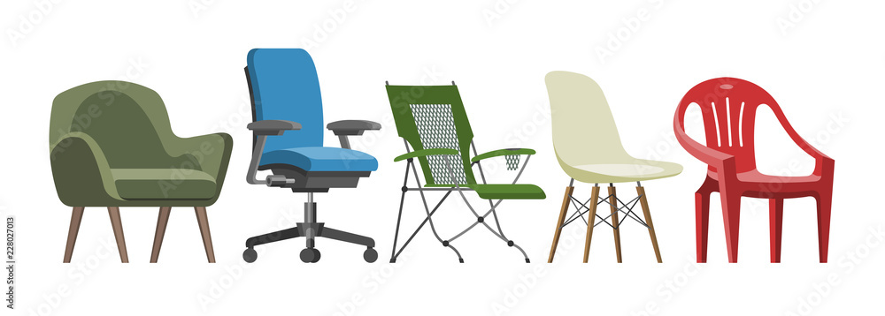 Chair vector comfortable furniture armchair and seat pouf design in furnished apartment interior illustration set of business office-chair or easy-chair isolated on white background - obrazy, fototapety, plakaty 