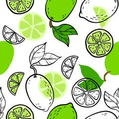 Beautiful green, black and white seamless doodle pattern with cute doodle limes sketch. Hand drawn trendy background. design background greeting cards, invitations, fabric and textile