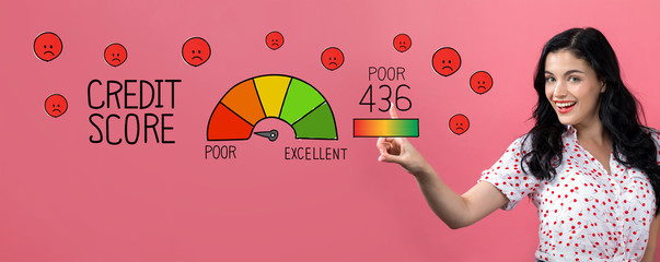 Poor credit score with young woman on a pink background