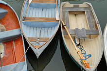 Dinghies Tied To A Dock In The Newport Harbor.