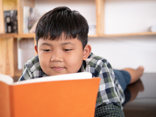 Cute asian children reading a book while lying on a floor in the room. education concept