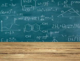 Wall Mural - Molecule models and formulas on blackboard background
