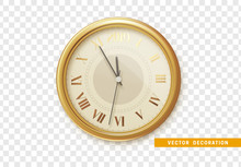 2019 New Year Gold Clock, Five Minutes To Midnight. Watch Isolated On Transparent Background