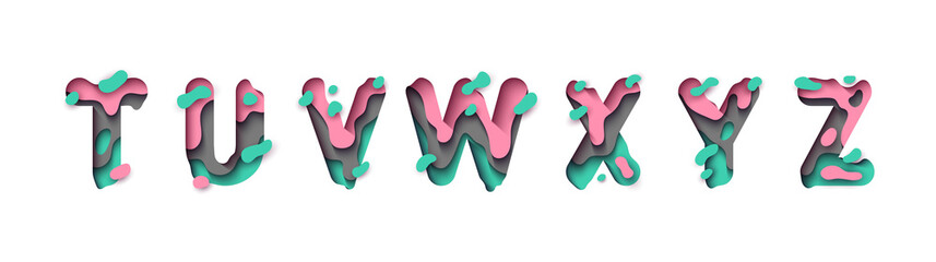 Wall Mural - paper cut letter t, u, v, w, x, y, z. design 3d sign isolated on white background. alphabet font of 
