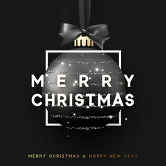 Christmas bauble on black background. Xmas black ball in square frame is on the ribbon with bow. Vector greeting card, poster, banner