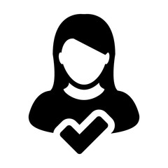 Approved user icon vector female person profile avatar symbol in flat color glyph pictogram illustration