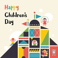 Wall Mural - happy children day block castle design card. flat design style vector graphic illustration.
