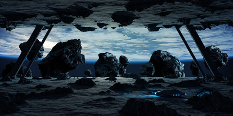 Wall Mural - astronauts exploring an asteroid spaceship 3d rendering elements of this image furnished by nasa