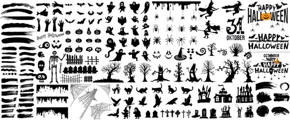 Set of halloween silhouettes black icon and character. Vector illustration. Isolated on white background.