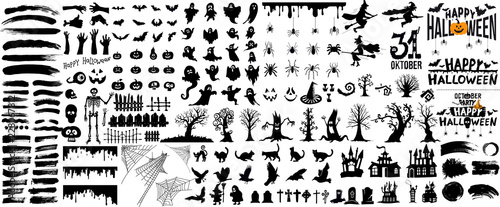 Fotomural Set of halloween silhouettes black icon and character