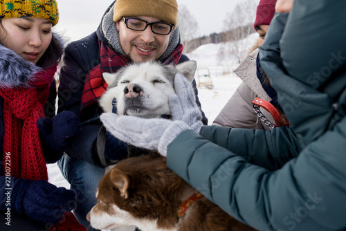 Fotografía Group of young people petting gorgeous husky dog outdoors in winter, focus on j