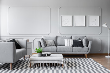 Elegant living room with two comfortable grey sofas with pillows and graphic on the wall, real photo with copy space and mockup