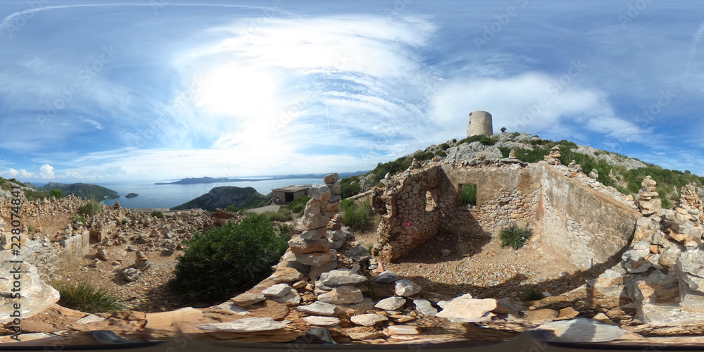 360 degree spherical panorama from ancient watchtower Albercutx watchtower in Pollenca in the sierra de tramuntana of mallorca with view on the ocean - Spain