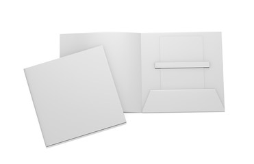 Blank white plastic card mockup inside paper booklet holder, mock up template on isolated white background, 3d illustration