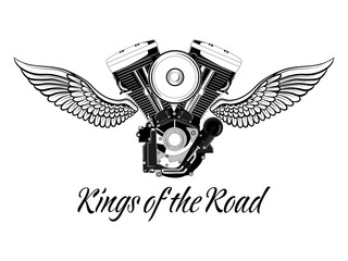 Canvas Print - Motorcycle engine with wings and inscription. Black and white vector image.