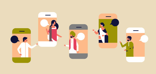 smartphone screen chat bubble mobile application communication concept speech dialogue indian man woman cartoon character portrait horizontal flat vector illustration