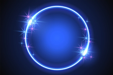 Wall Mural - Fantastic background with neon round frame, sparkle stars and space portal into another dimension