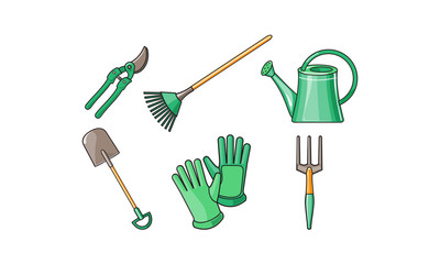 Sticker - Gardening tools icons set, pruner, shovel, fan rake, gloves, watering can, fork vector Illustration on a white background