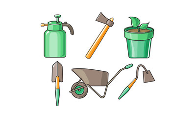 Sticker - Gardening tools icons set, sprayer bottle, ax, wheelbarrow, hoe, scoop, flower pot vector Illustration on a white background