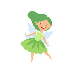 Canvas Print - Cute beautiful little winged fairy, lovely girl with long hair and dress in green colors vector Illustration on a white background